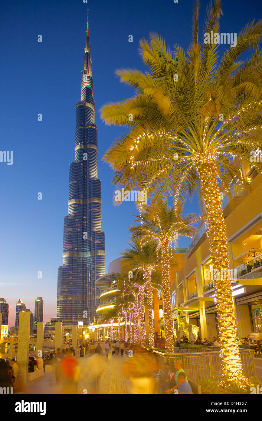 Burj Khalifa and Dubai Mall at dusk, Dubai, United Arab Emirates, Middle East Stock Photo
