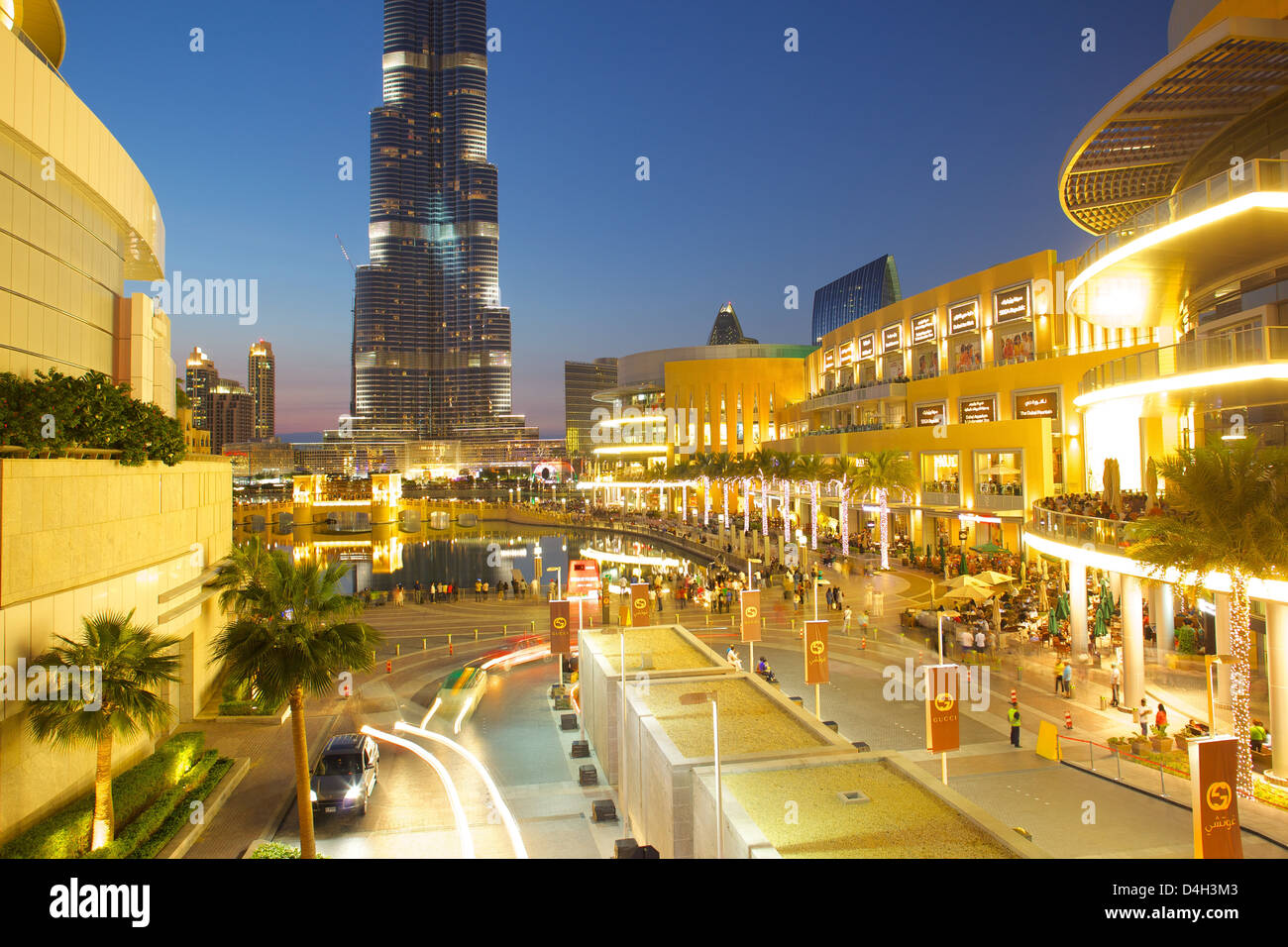 Burj Khalifa and Dubai Mall at dusk, Dubai, United Arab Emirates, Middle East Stock Photo