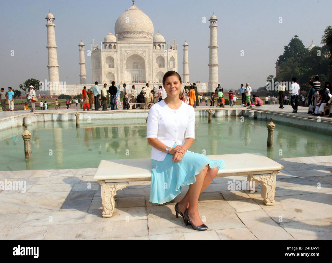 Crown Princess Victoria of Sweden poses in front of the Taj Mahal in Agra, India, Sunday, 19