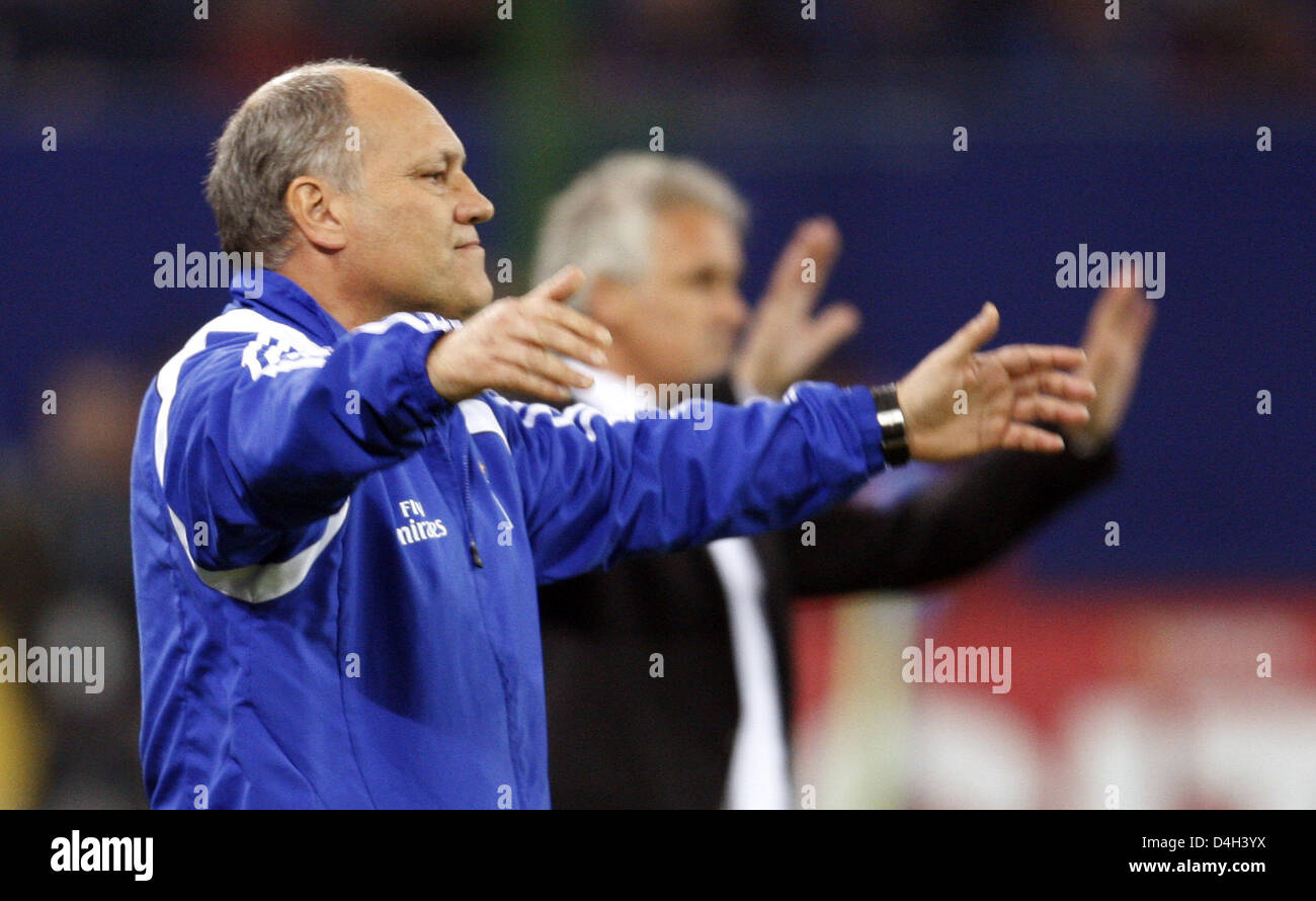 Hamburg's coach Martin Jol (L) and Schalke's Fred Rutten (R) gestures ...