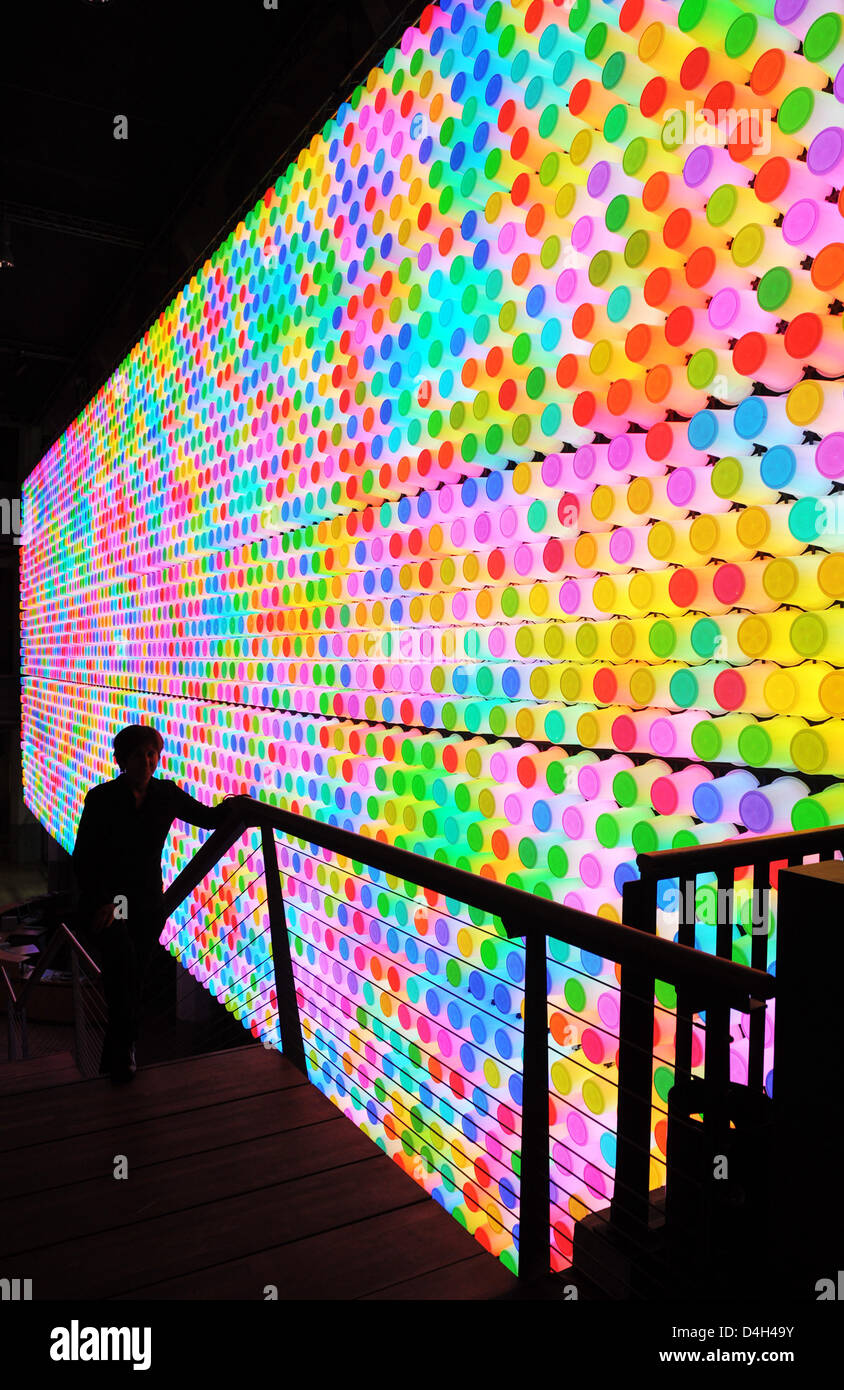 The picture shows light sculpture 'HYPERION Fragment' (2008) by artist Rosalie and composer Georg Friedrich Haas at the Center for Arts and Media Karlsruhe (ZKM) in Karlsruhe, Germany, 21 October 2008. The artists' joint project was realised for the music event 'Donaueschingen Festival' in 2006. For the ZKM exhibition the artwork reachsed a new dimension. It now encompasses 3,200 c Stock Photo