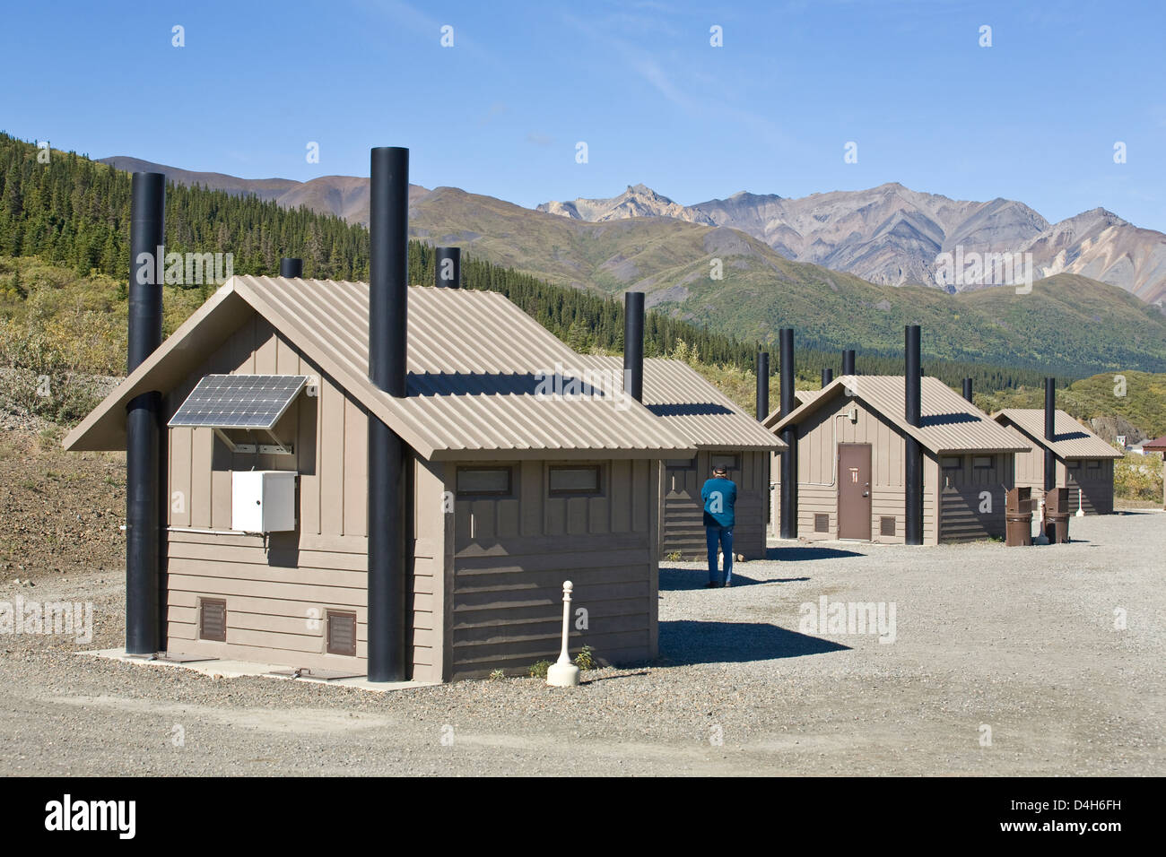 Hightech pit toilets at Toklat River ranger station, Wyoming Hills beyond, Denali National Park