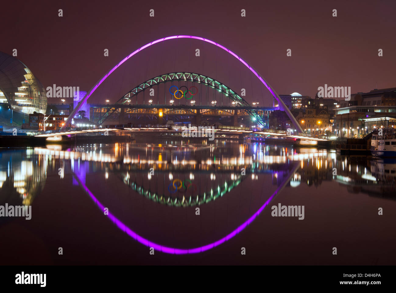 River Tyne bridges at night with Olympic rings, Millenium Bridge, Swing Bridge, High level, King Edward bridges Stock Photo