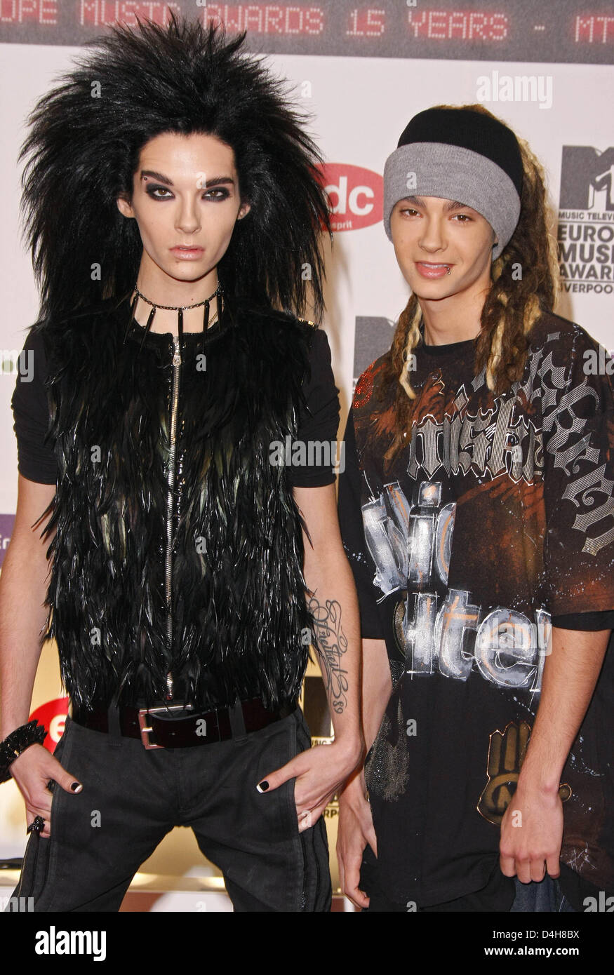 Bill (L) and Tom Kaulitz of Tokio Hotel arrive for the 15th MTV Europe Music Awards at Echo Arena in Liverpool, United Kingdom, 06 November 2008. Photo: Hubert Boesl Stock Photo