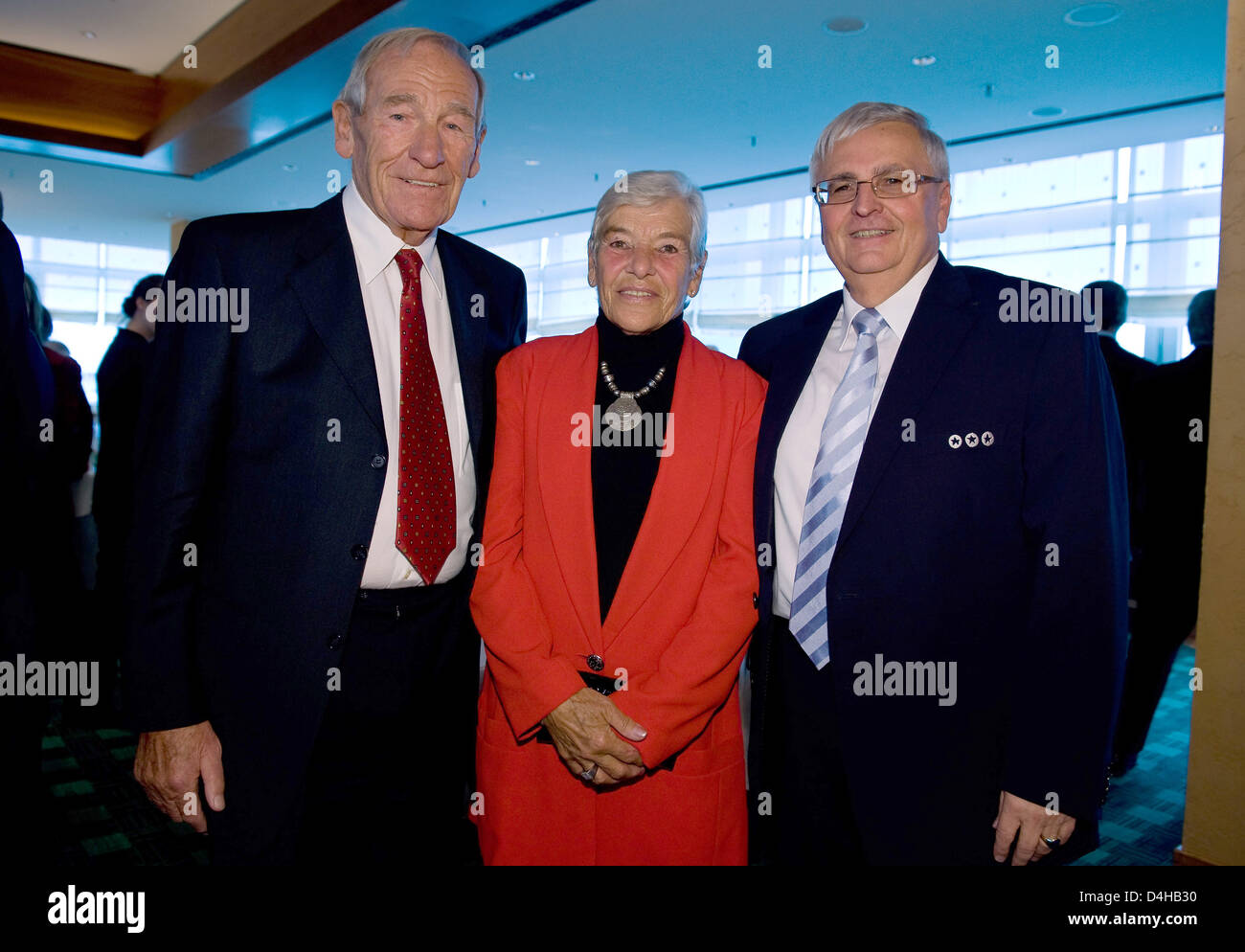German goalie legend Bernd Trautmann (L), his wife Marlis and President of the German Football Association (DFB) Theo Zwaniziger smile during a reception of  in his honour in Berlin, Germany, 19 November 2008. Trautmann was the first-ever German to play in English Premier League in 1949. The 85-year-old played for Manchester City and is regarded one of England?s best goalkeepers as Stock Photo