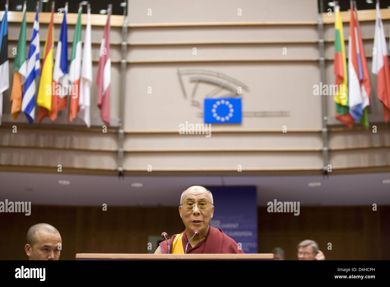 The spiritual leader of the Tibetans, the XIV Dalai Lama seen during his speech at a formal opening of a plenary session in of the European paliament in Brussels, Belgium, 4 December 2008. Photo: Thierry Monasse Stock Photo