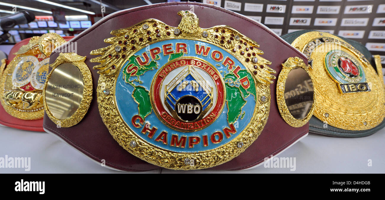 The three world championship boxing belts of boxing associations IBF (L-R),  WBO and IBO captured during a press conference in Ludwigshafen, Germany, 08  December 2008. Ukrainian WBO and IBF Boxing World Heavyweight