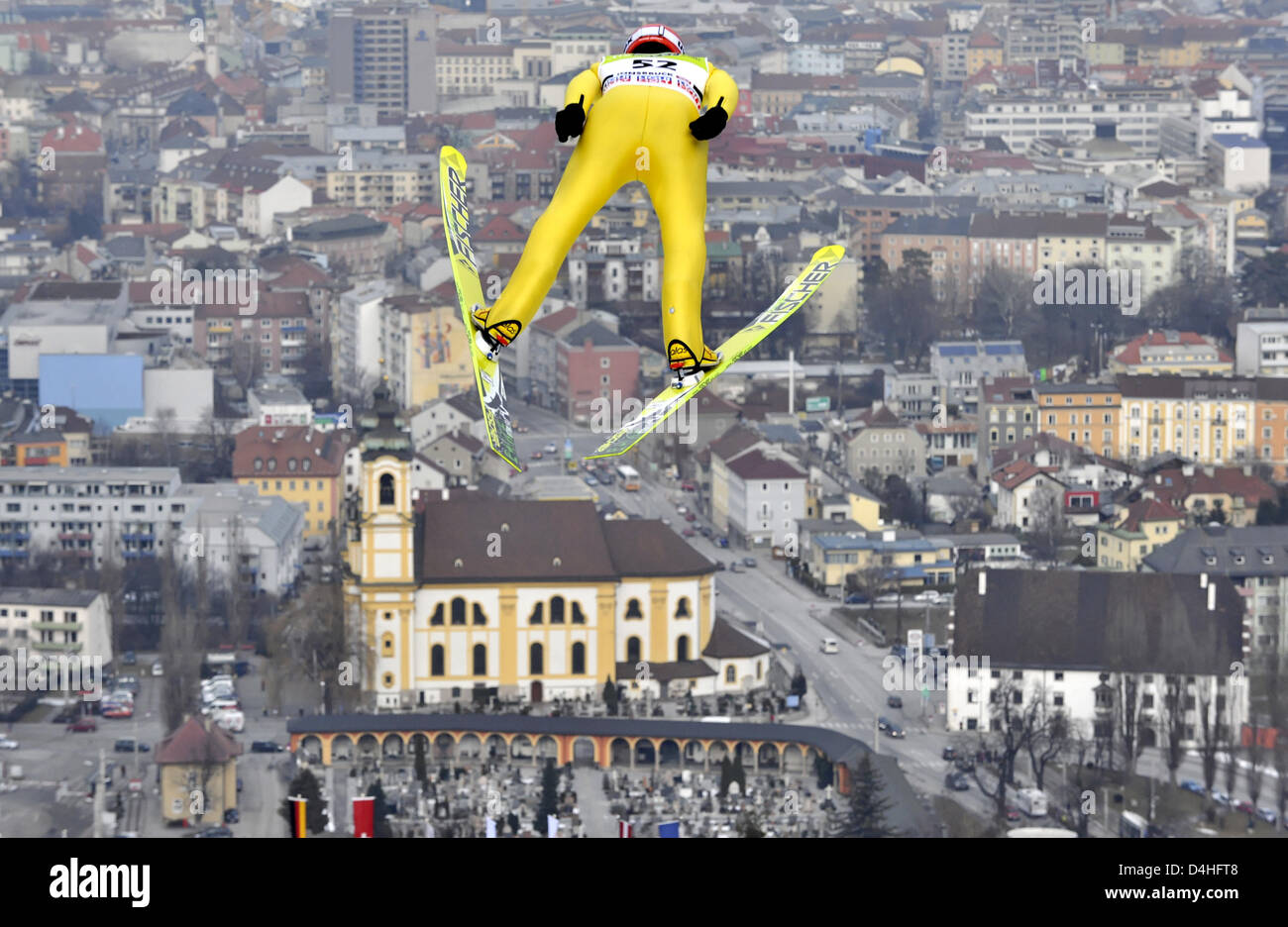 Germany?s Michael Uhrmann soars through the air during a training session to the third stage of the Four Hills Tournament in Innsbruck, Austria, 03 January 2009. Photo: PETER KNEFFEL Stock Photo