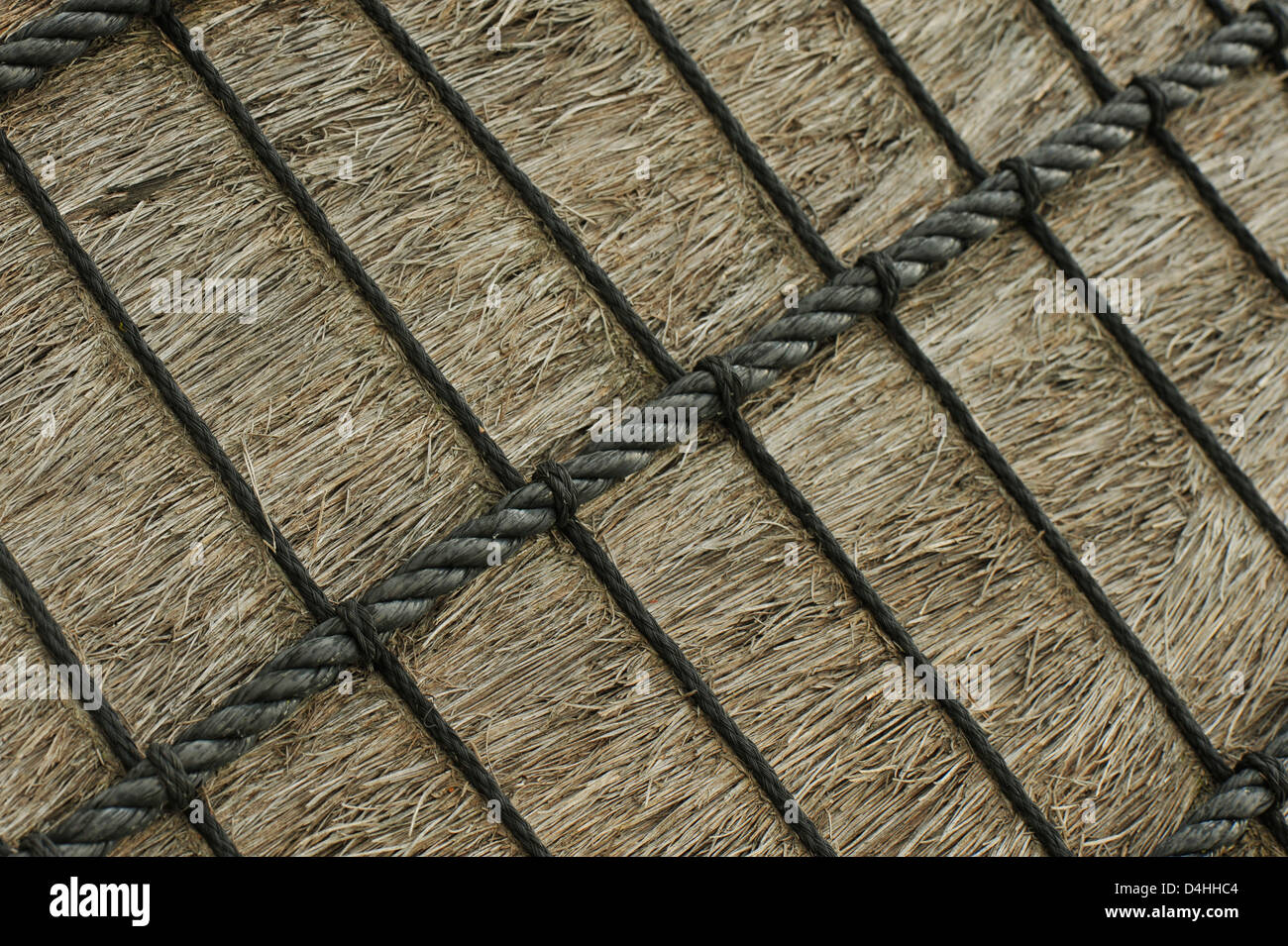Braided pattern on thatched dwelling,detail of rope work securing thatch, traditional Zulu hut, South Africa Stock Photo