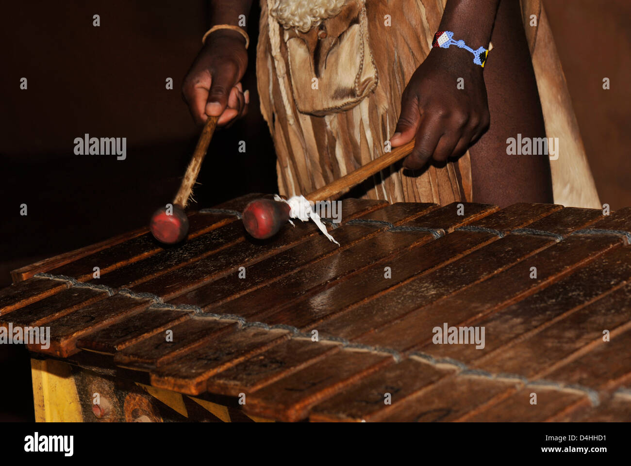 Eshowe, KwaZuluNatal, South Africa, close up, hands of Xylophone player, Shakaland, Zulu theme