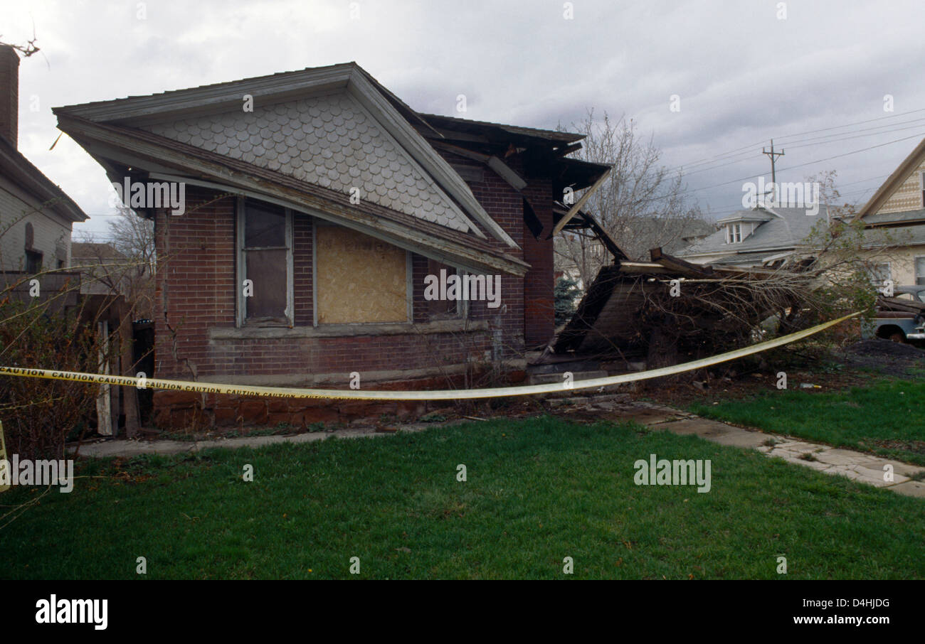 Utah USA Salt Lake City Caution Tape Around A Collapsed House Stock