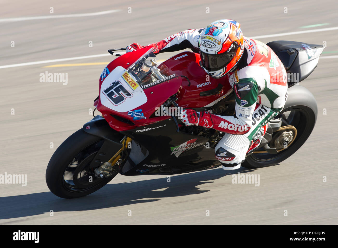 14.03.2013 Derby, England.  15 Matteo Biaocco (ITA) on the Rapido Sport Racing Ducati at Goddards during the official testing session of the MCE Insurance British Superbike Test Day at Donington Park, Derby. England Stock Photo