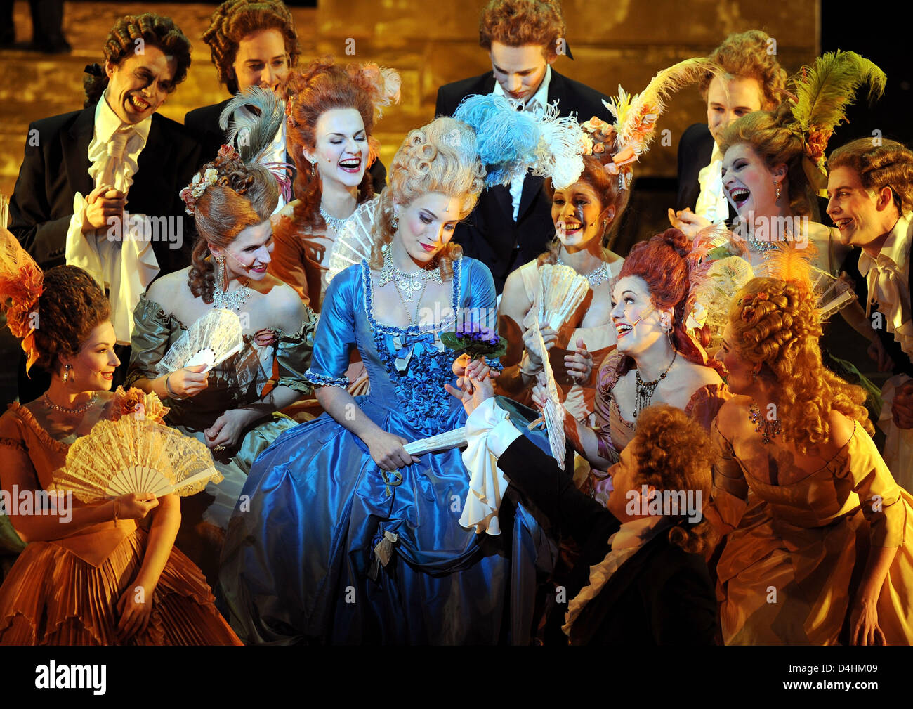 Roberta Valentini (C, blue dress) alias ?Marie Antoinette? performs a scene  with other actors during the dress rehearsal of the musical ?Marie  Antoinette?, which tells the story of France?s last queen, at