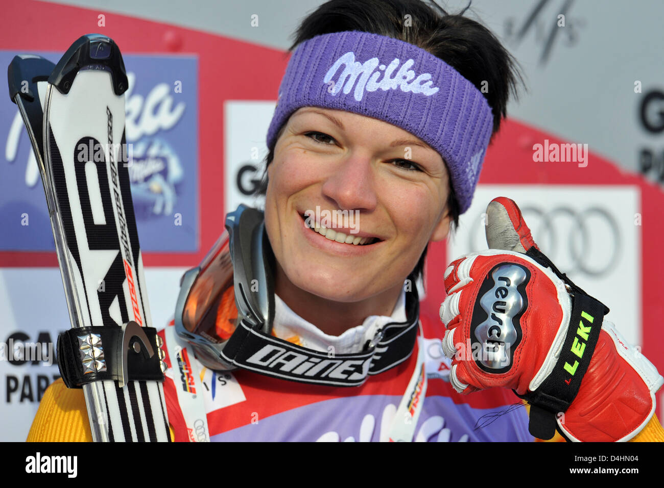 German skier Maria Riesch celebrates her second place at the Slalom ...