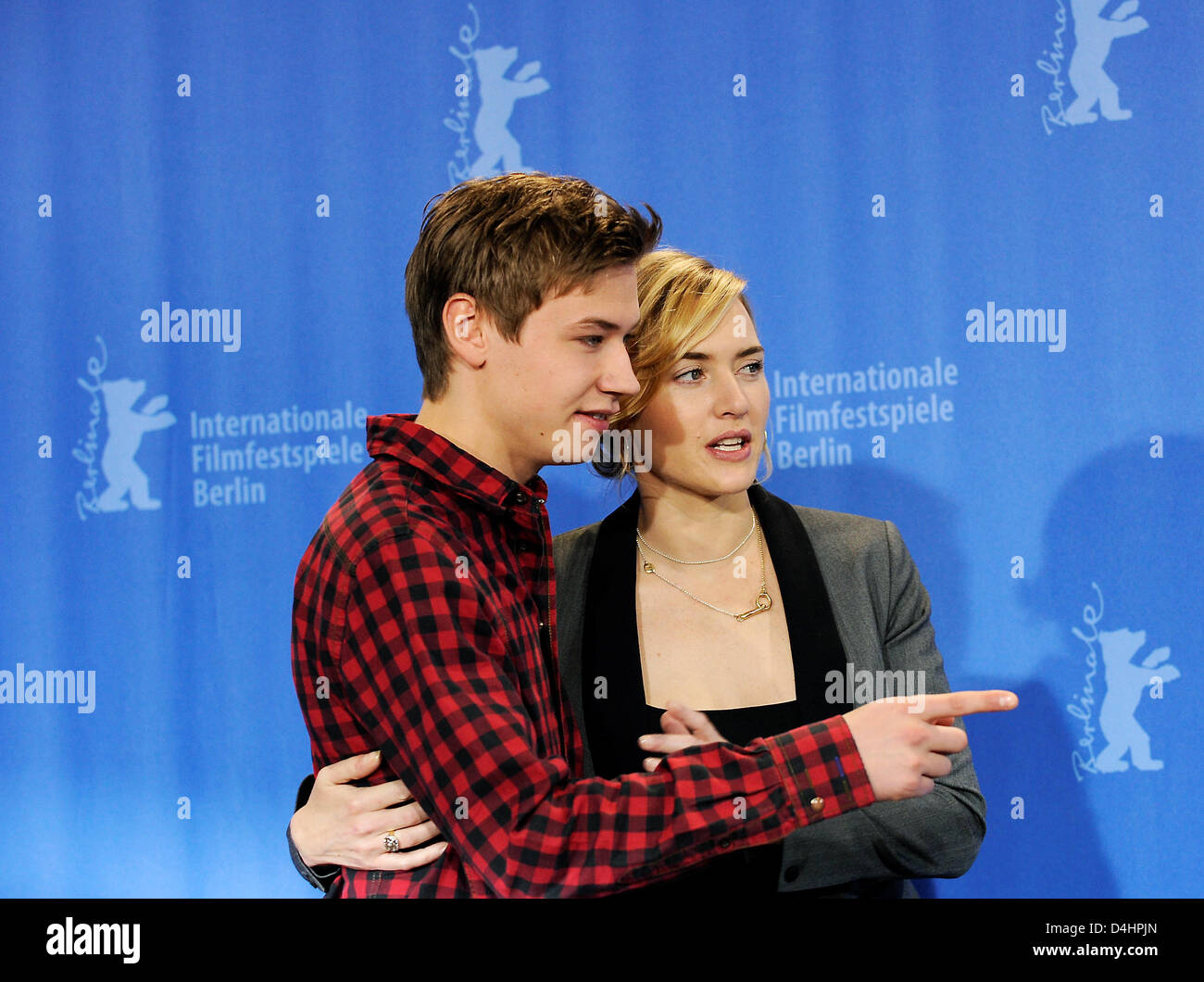 German actor David Kross (L) and British actress Kate Winslet (R) pose during a photo call of their film ?The Reader? at the Berlin International Film Festival in Berlin, Germany, 06