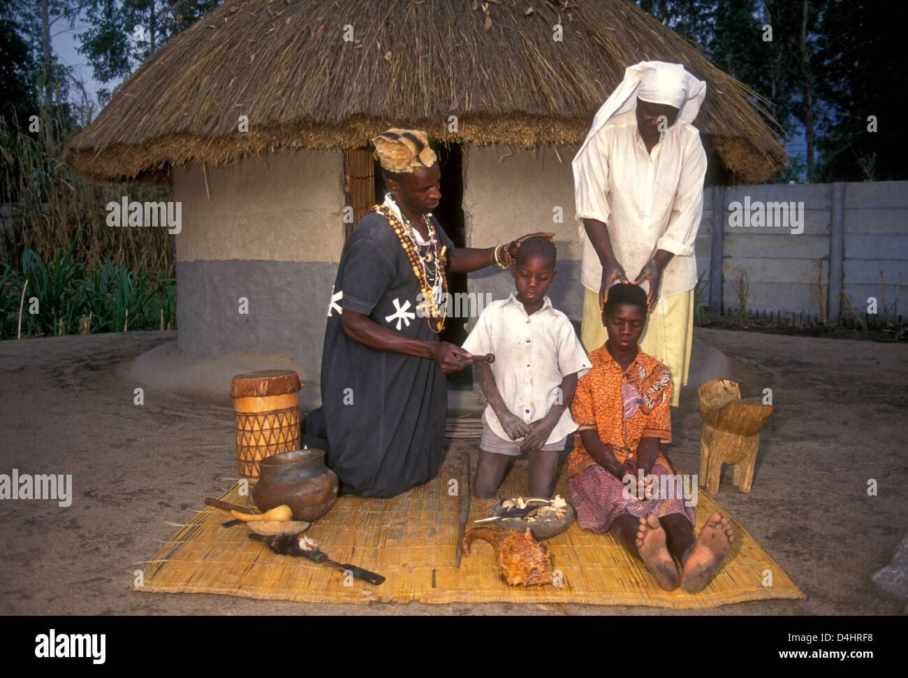 Doctor Alfred Chakadenga, Shona healer, witchdoctor, shaman, spiritualist, spiritualism, medicine man, Chapungu Shona Village, Harare, Zimbabwe Stock Photo