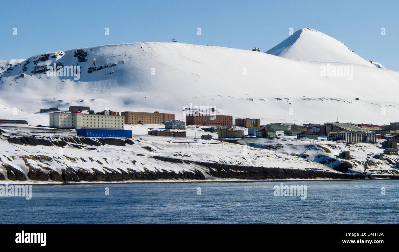 The Russian coal-mining town of Barentsburg on the shore of Isfjorden Stock Photo