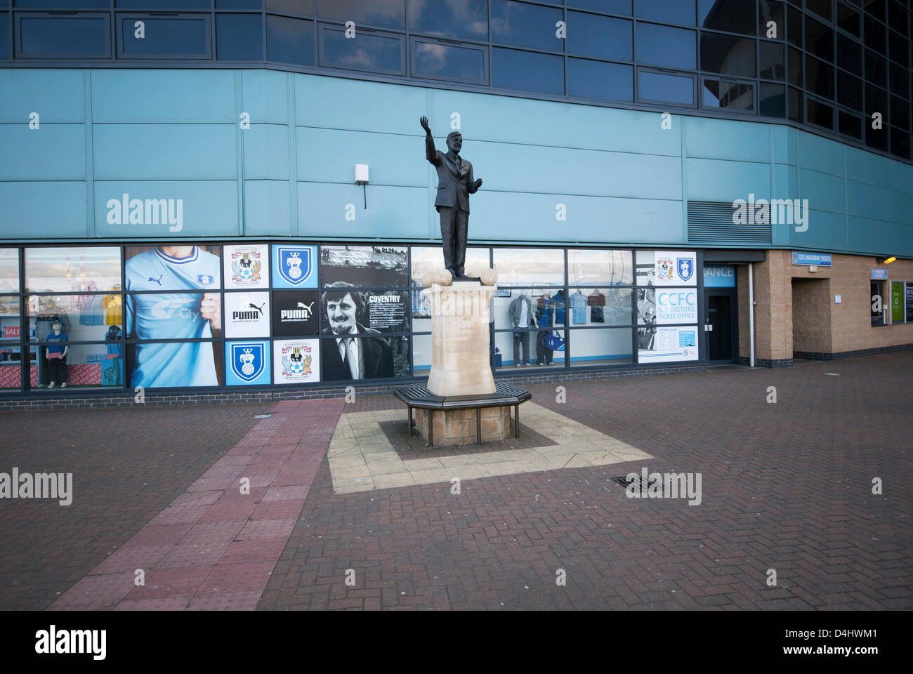 Coventry, UK. 14th March 2013. 14/03/2013 Coventry England UK,Arena Coventry Ltd announce application to the high court in London to request it makes an administration order against Coventry City Football Club. Statue of Jimmy Hill outside The Ricoh Arena The club are said to owe ACL over £1.3 million in unpaid rent on the football ground.  Credit:  John Martin / Alamy Live News Stock Photo