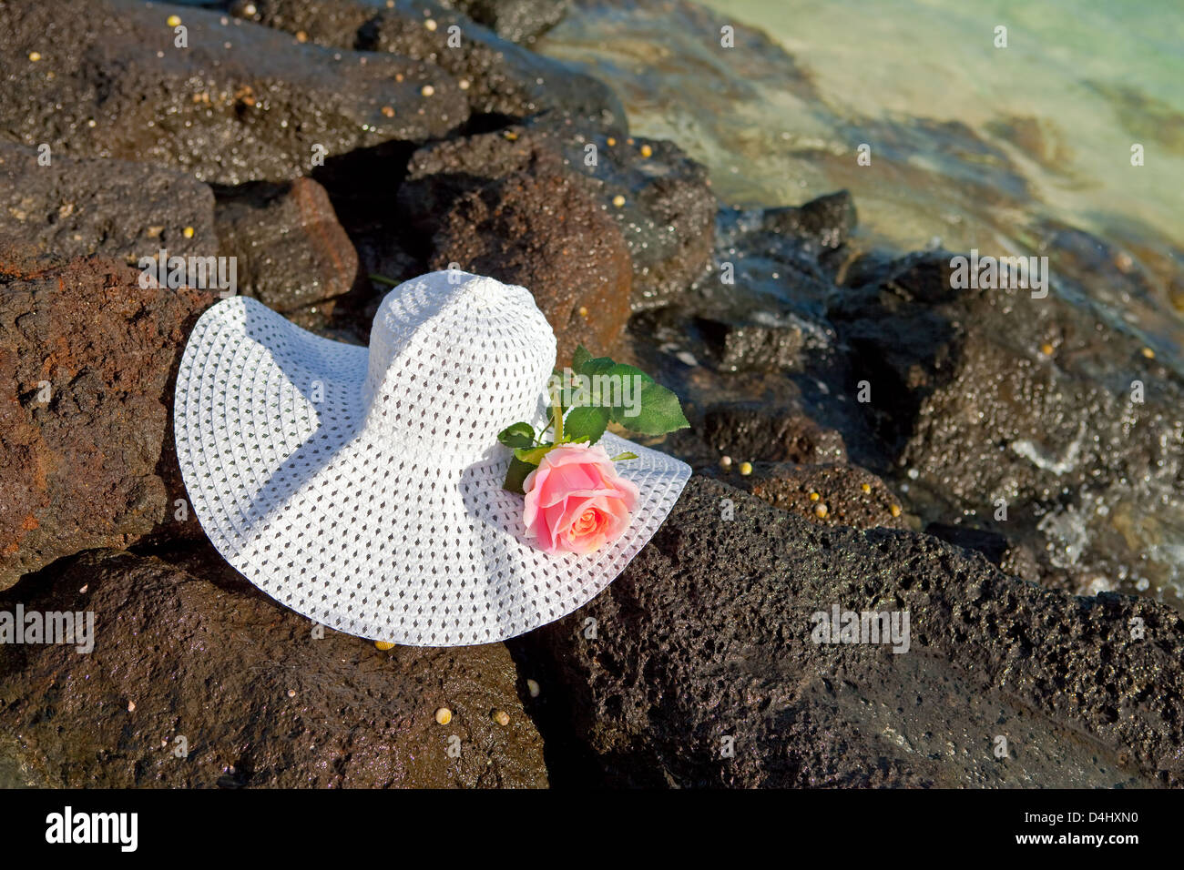 The rose and straw hat lies on stones on the sea background Stock Photo ...