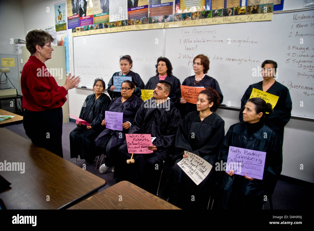 Mostly-Hispanic students at an adult-education U.S. citizenship class in San Juan Capistrano, CA Stock Photo