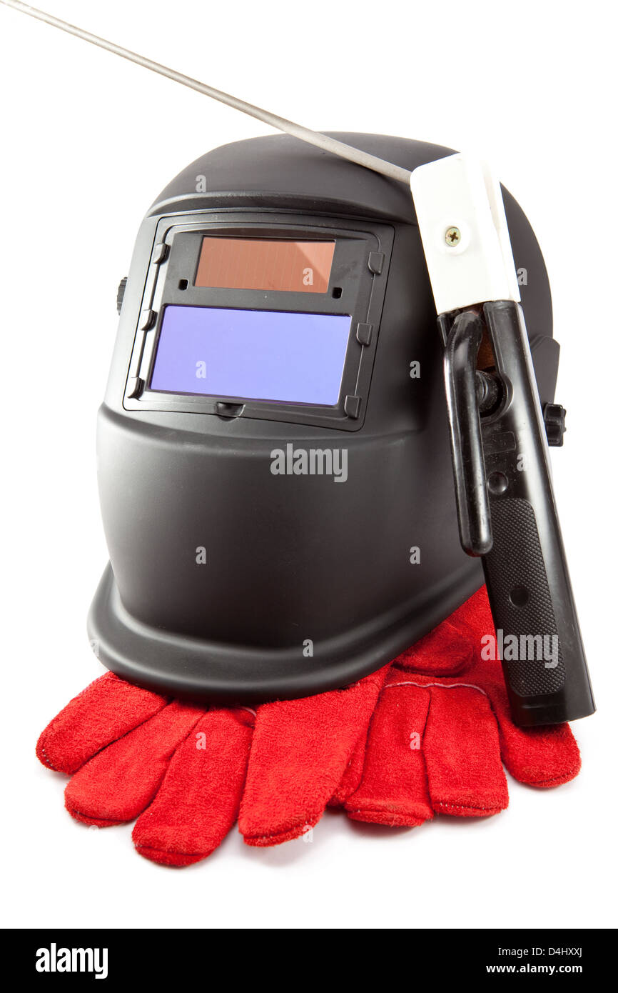 Protective mask of the welder, electrode and gloves on a white background Stock Photo