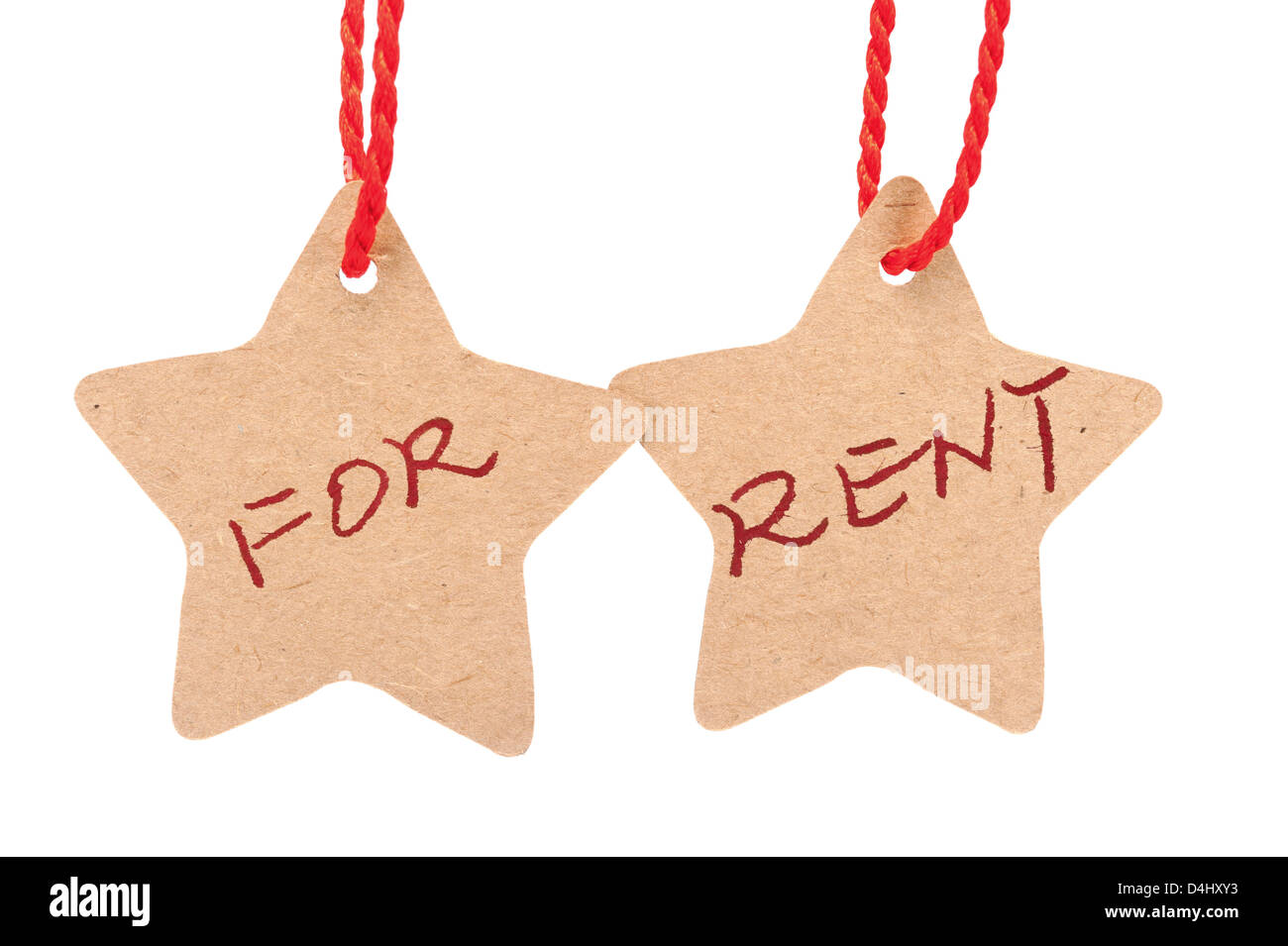 For rent words on paper stars hung by ropes, isolated against white background Stock Photo