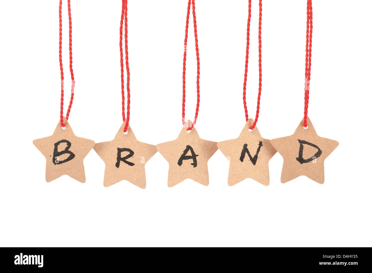 Brand word spelled with paper stars are hung by ropes, isolated against white background Stock Photo