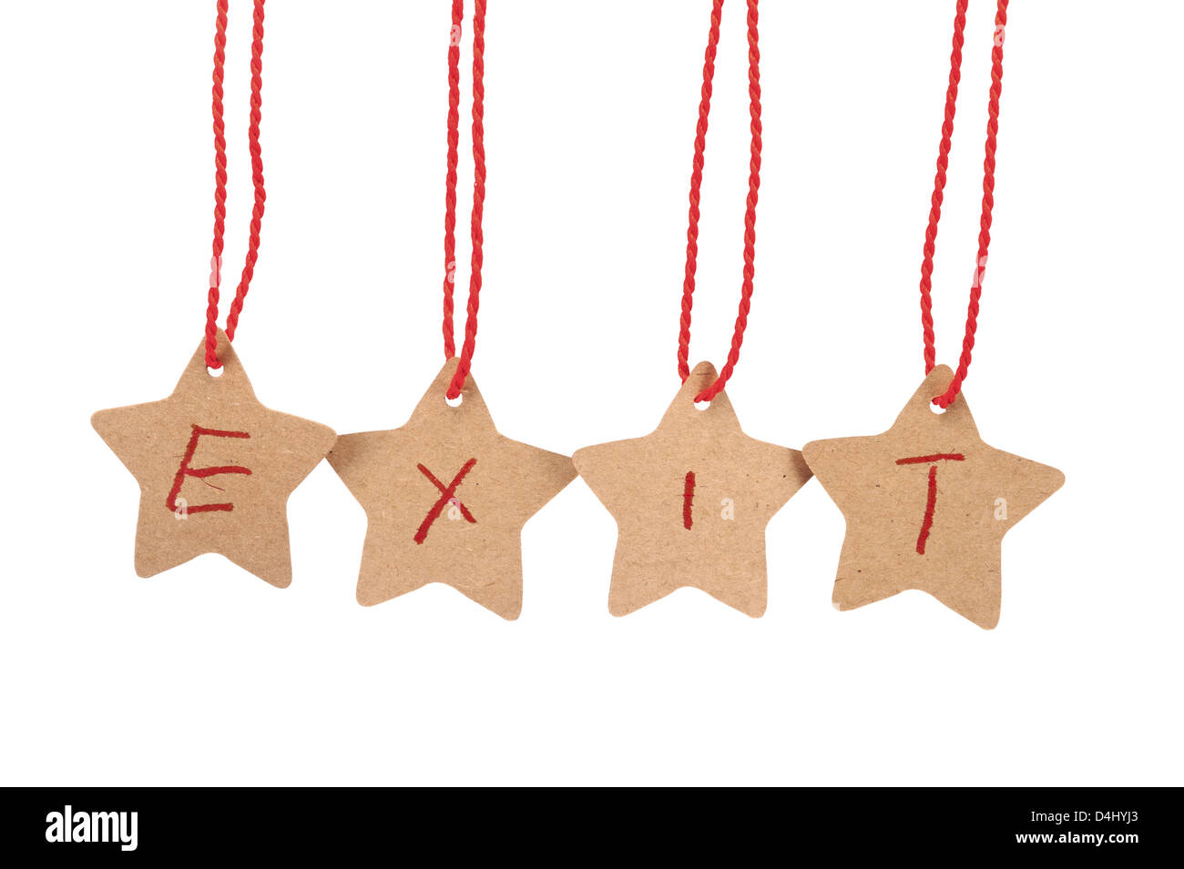 Exit word spelled with paper stars are hung by ropes, isolated against white background Stock Photo