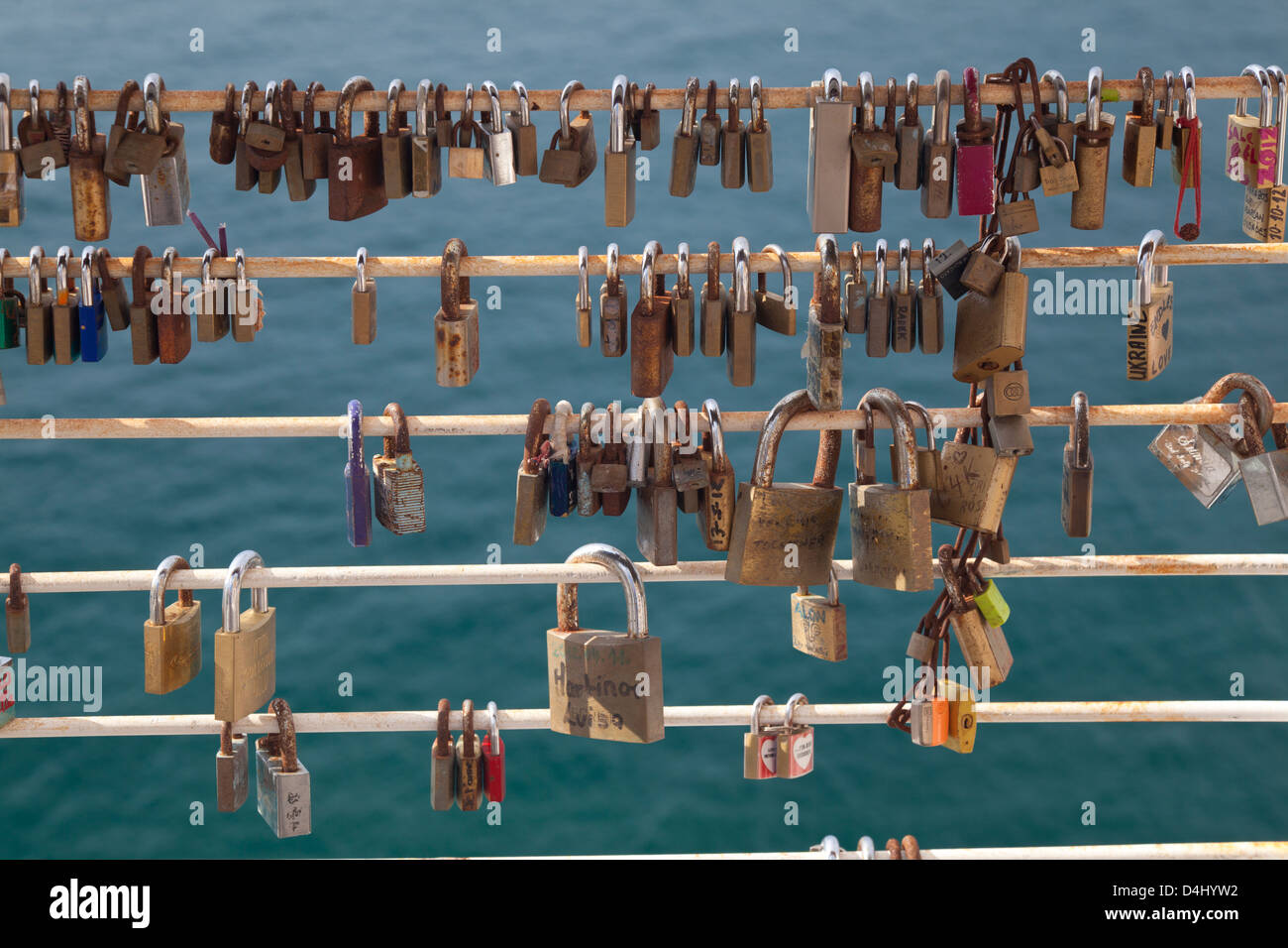 Love padlocks (also known as love locks or wish locks) at Tigne Point