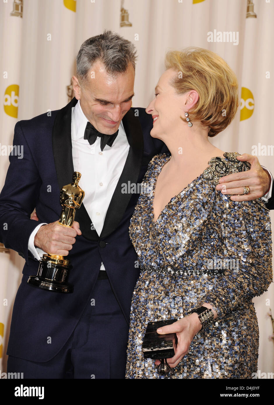 DANIEL DAY-LEWIS holding his Oscar and Meryl Streep at 85th Academy Awards in Los Angeles in February 2013. Photo Jeffrey Mayer Stock Photo