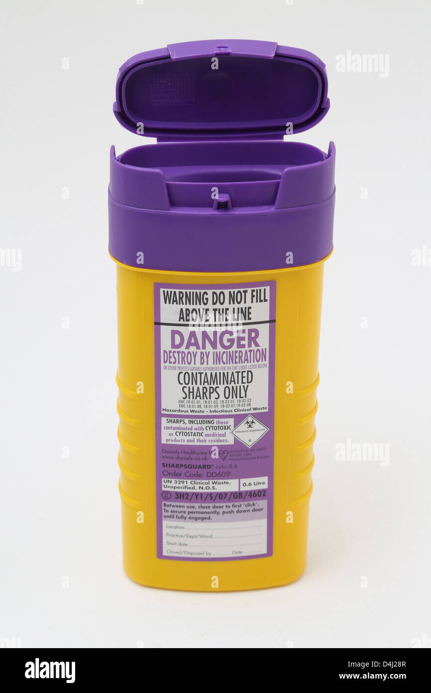 Sharps Bin For Needles with Purple Lid Sharps To Be Destroyed By Incineration Stock Photo Alamy