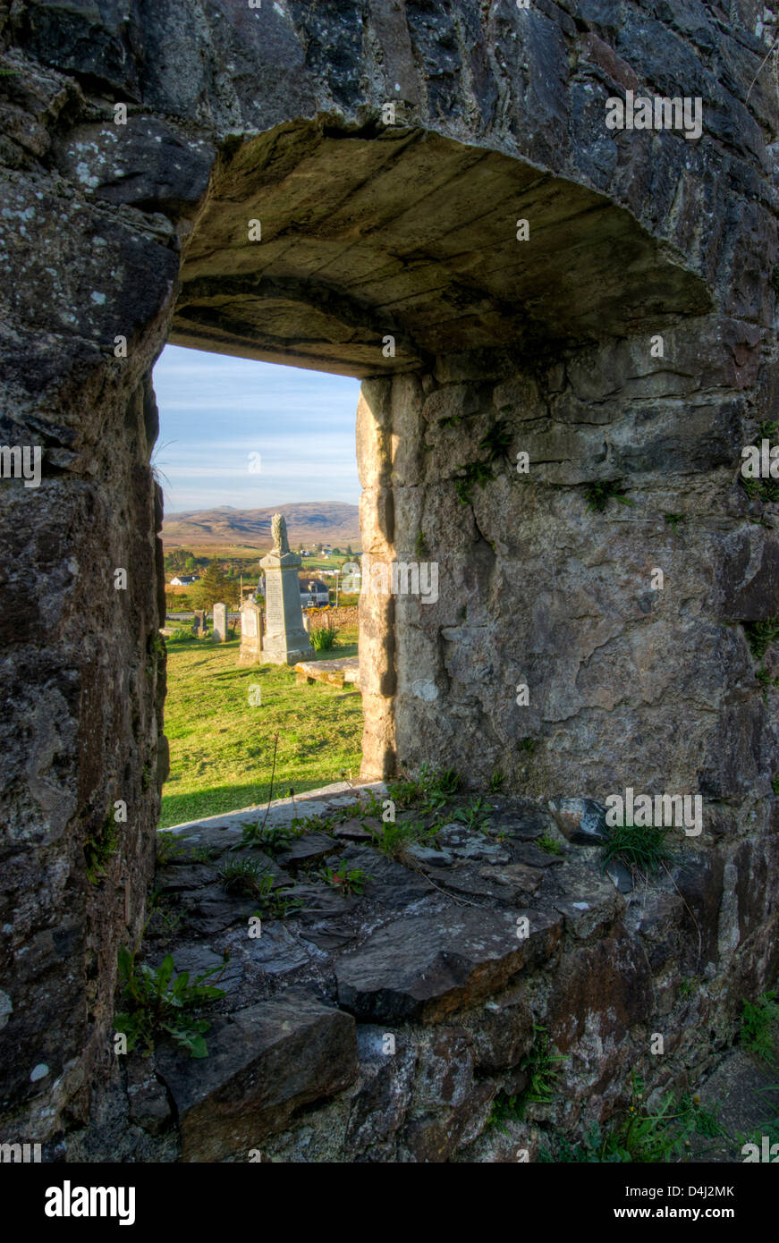St Mary's Church ruin, view to grave yard, Dunvegan, Isle of Skye, Scotland Stock Photo