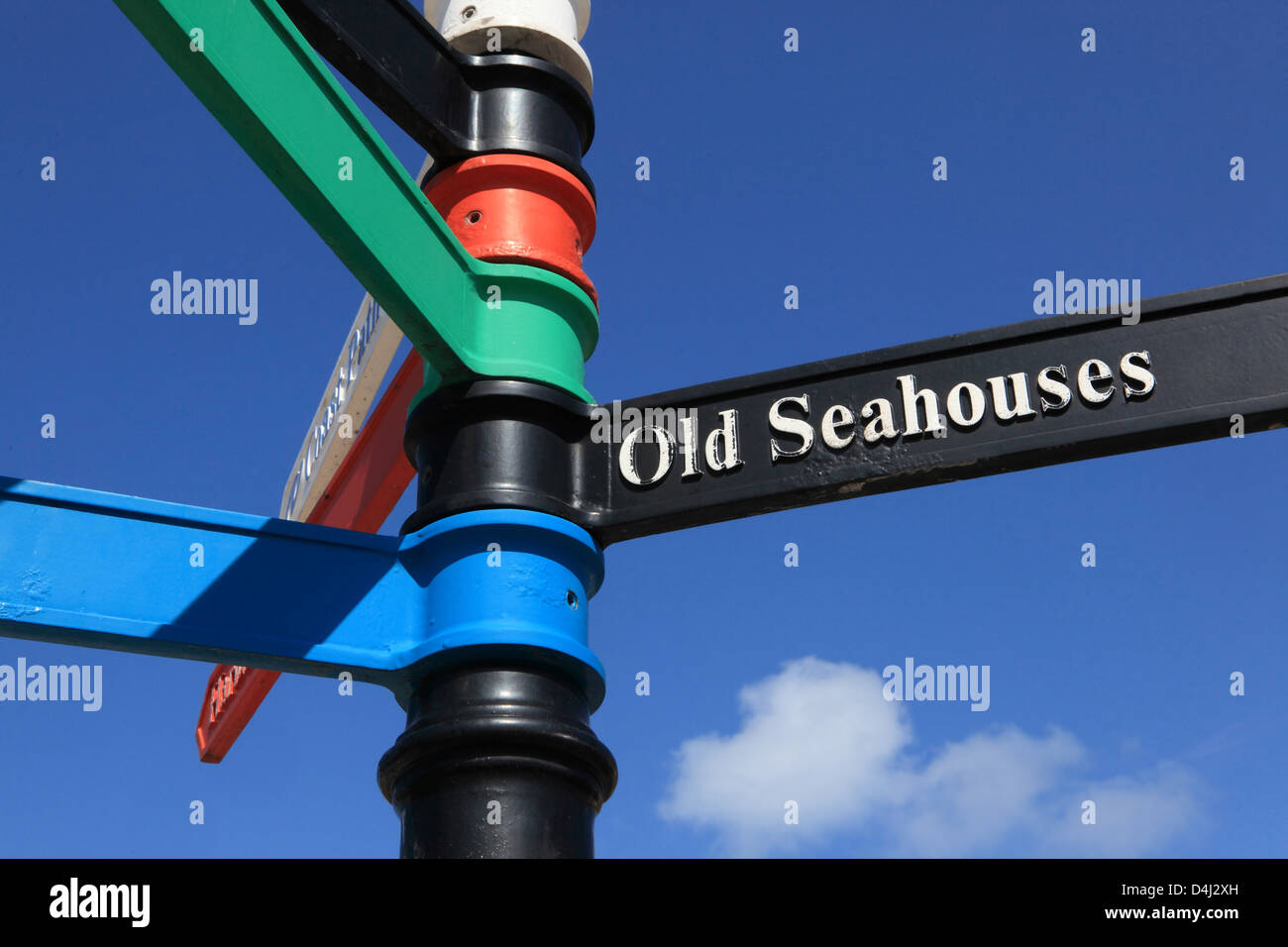 Signpost in Seahouses, a harbour town famous as, 'the Gateway to the