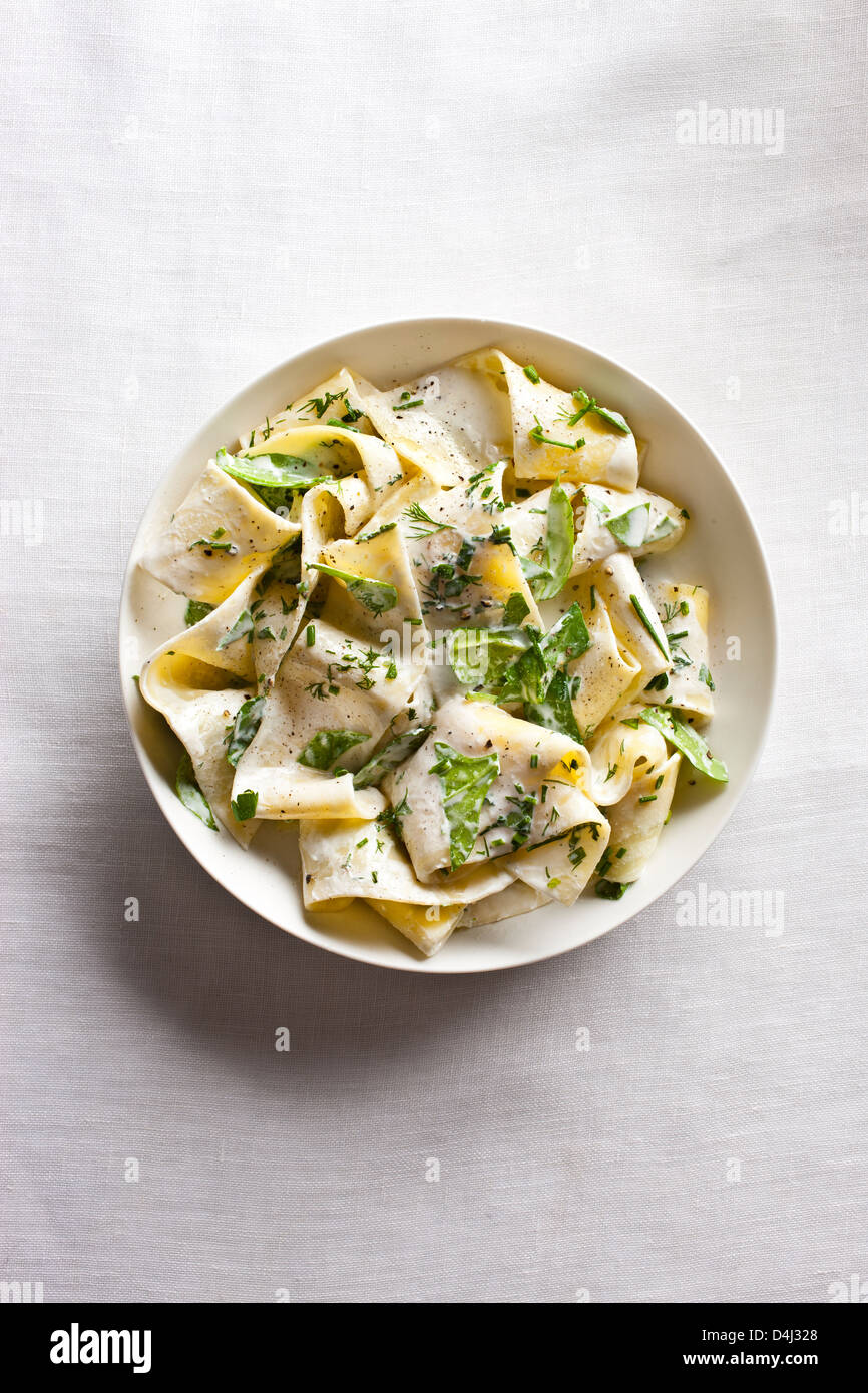 A plate of pappardelle pasta with creamy ricotta, baby spinach, fresh herbs and black pepper. Stock Photo