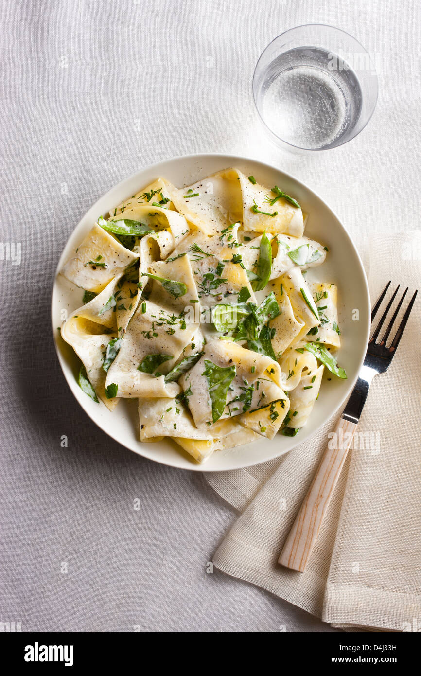 A plate of pappardelle pasta with creamy ricotta, baby spinach, fresh herbs and black pepper. Stock Photo