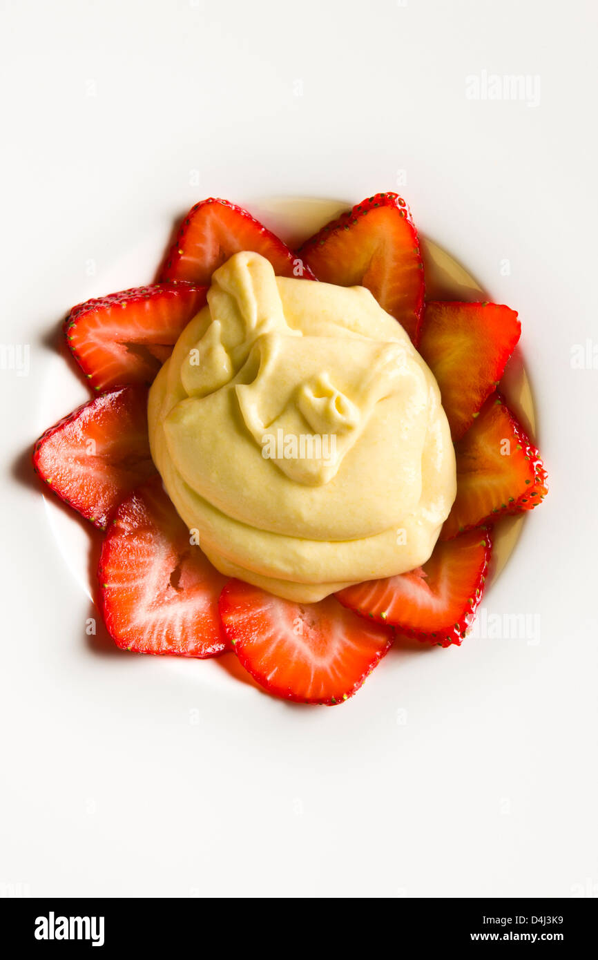 Sabayon with Strawberries prepared by Marcello Russodivito, Chef Owner of Marcello's Group. Stock Photo