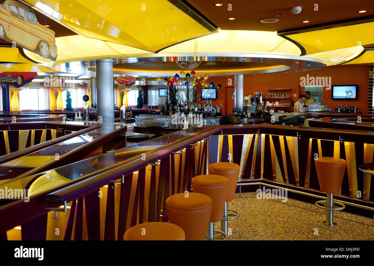 A bar is pictured on the AIDAstella cruise ship in Hamburg, Germany, 12 March 2013. The AIDAstella has 14 decks, is 253 meters long and 32.2 meters wide. Photo: Sven Hoppe Stock Photo