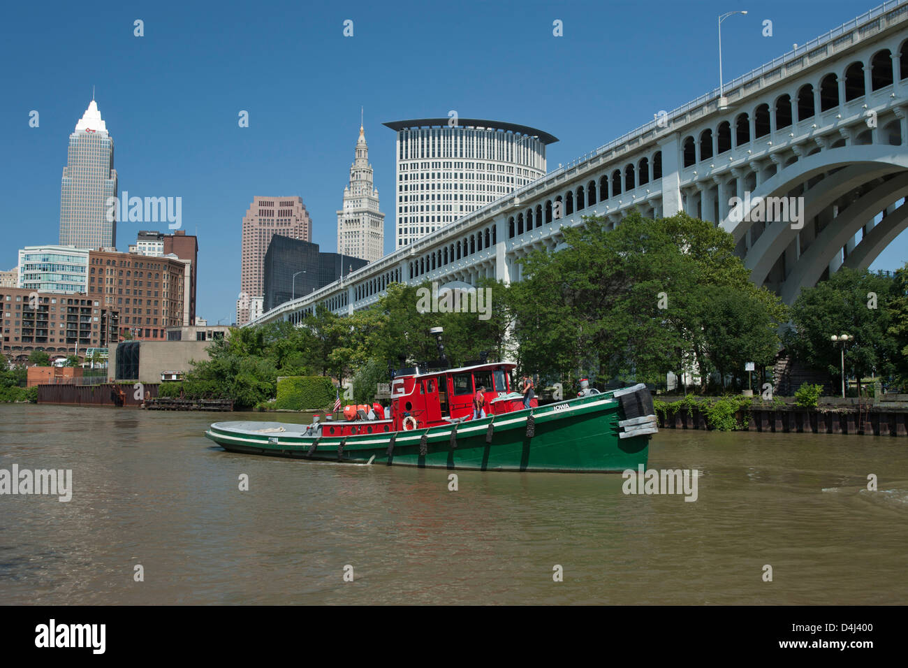 TUG BOAT CUYAHOGA RIVER AT SETTLERS LANDING PARK DOWNTOWN SKYLINE ...