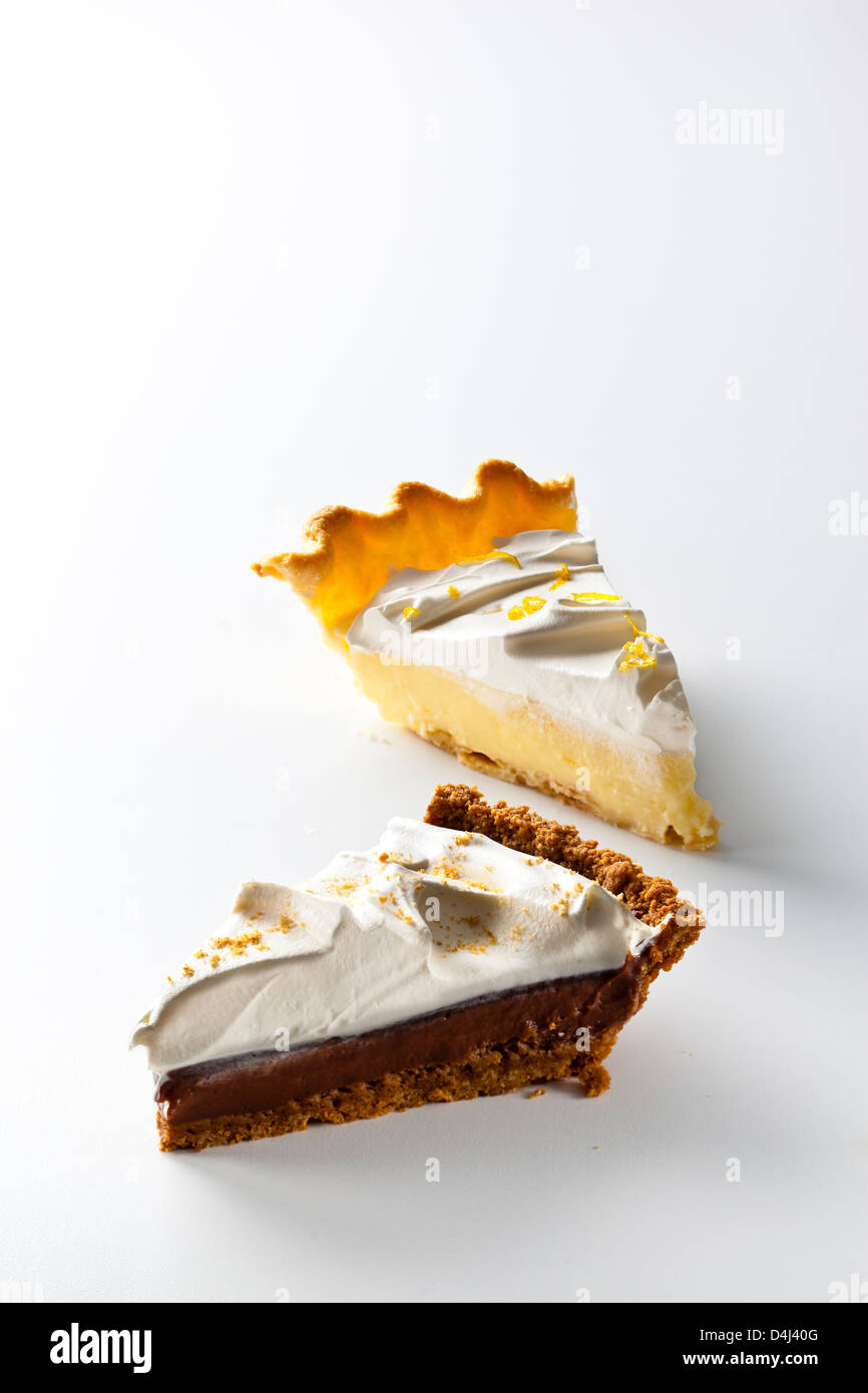 Pie duo: Mexican Chocolate Cream Pie and Lemon Cream Pie Stock Photo