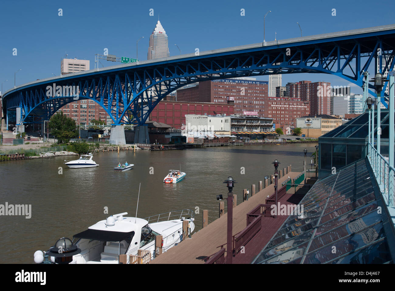 MEMORIAL SHOREWAY BRIDGE OVER CUYAHOGA RIVER THE FLATS DOWNTOWN SKYLINE