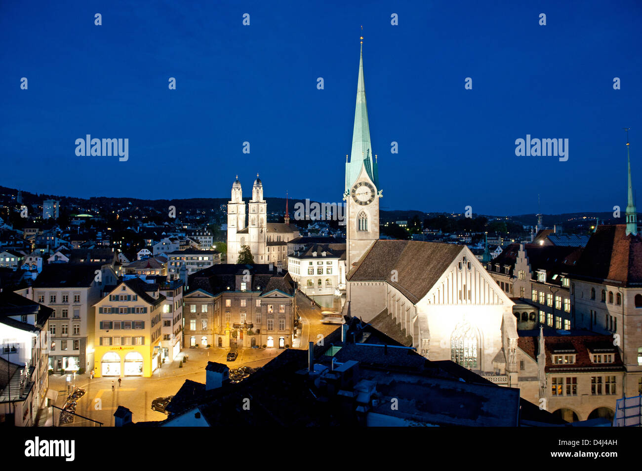Zurich, Switzerland, Zurich City Facts of the Grossmuenster and the preacher's church Stock Photo