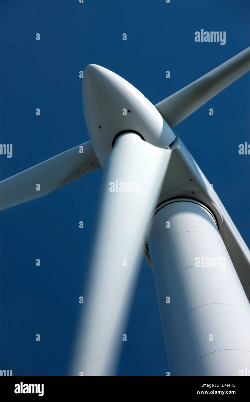 CLOSE UP OF WIND TURBINE AT GREAT LAKES SCIENCE CENTER DOWNTOWN SKYLINE