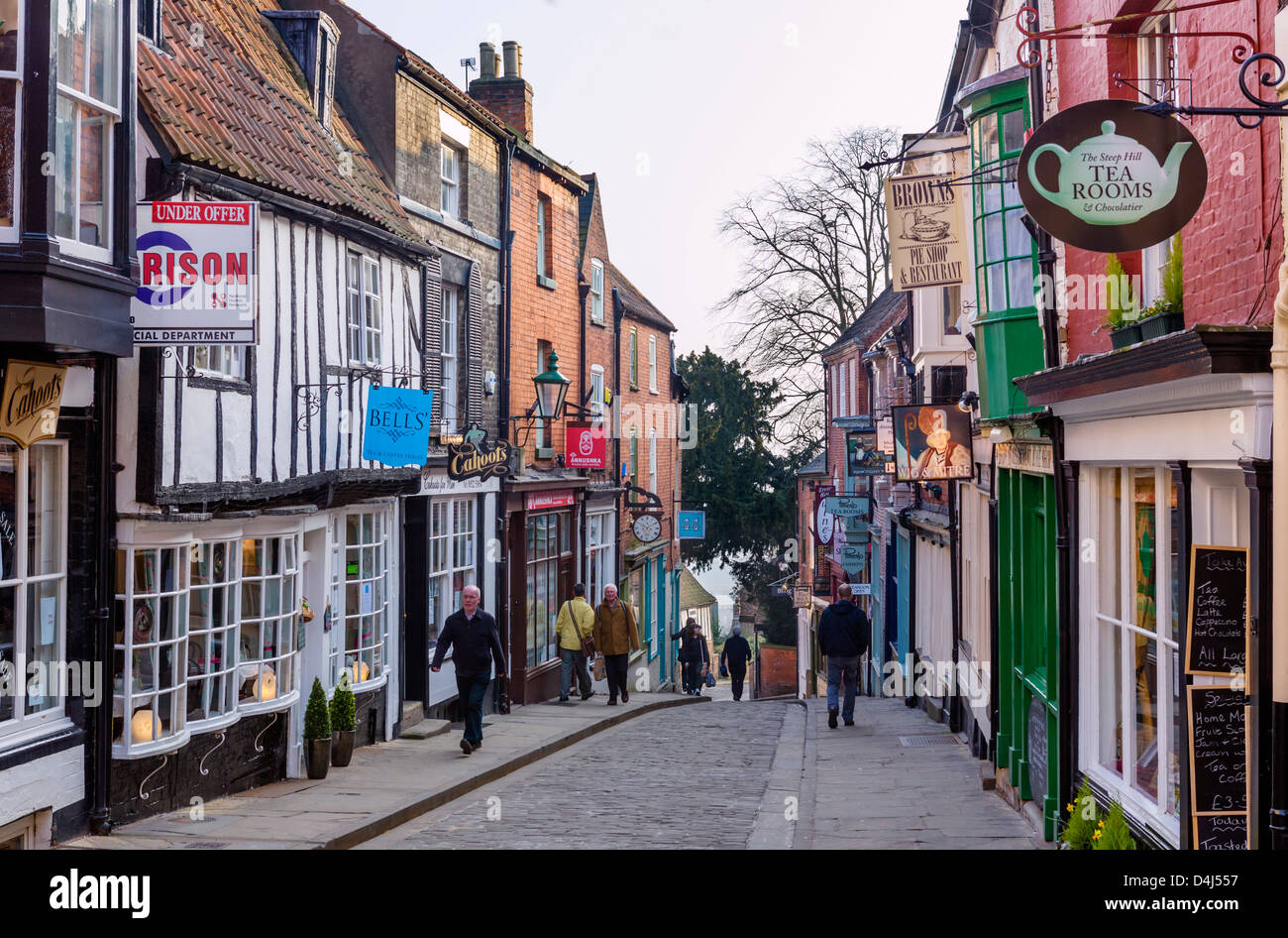 The famous Steep Hill in the historic old town, Lincoln, Lincolnshire, East Midlands, UK Stock Photo