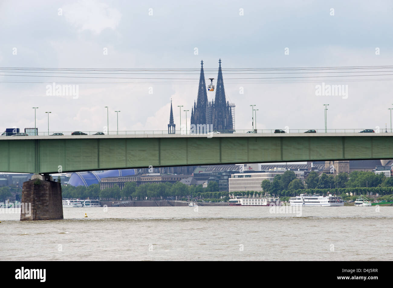 Zoo road bridge, cable car and cathedral spires, Cologne, Germany Stock