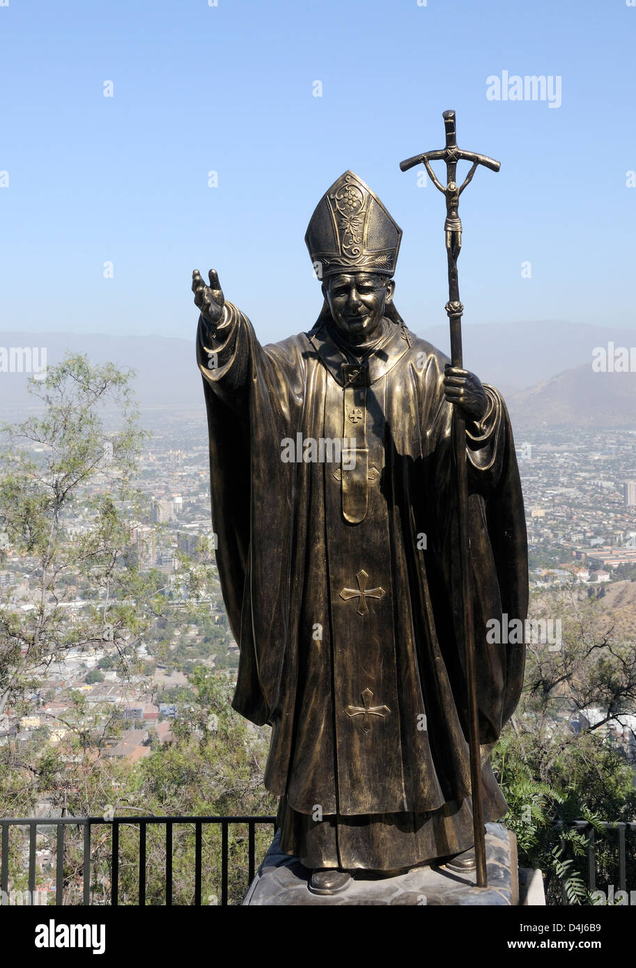 A statue of Pope John Paul II commemorating his visit to Santiago in 1987. Cerro San Cristobal. Santiago , Republic of Chile. Stock Photo