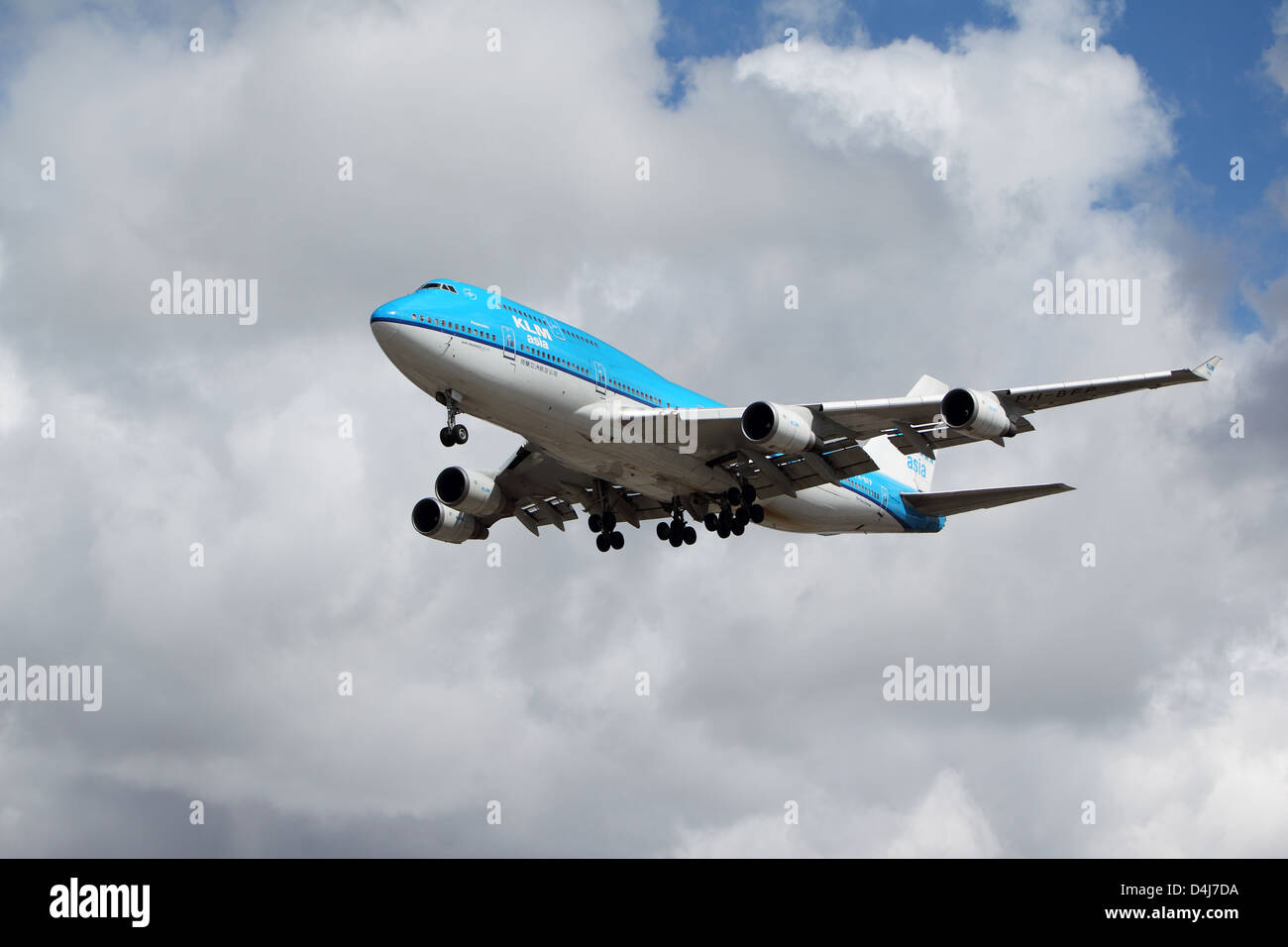 LOS ANGELES, CALIFORNIA, USA - MARCH 8, 2012 - A KLM Boeing 747-400 plane lands at Los Angeles Airport on March 8, 2012. Stock Photo