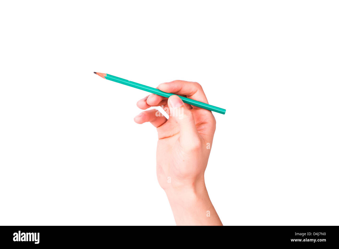 Male hand with a pencil writing something isolated on white Stock Photo