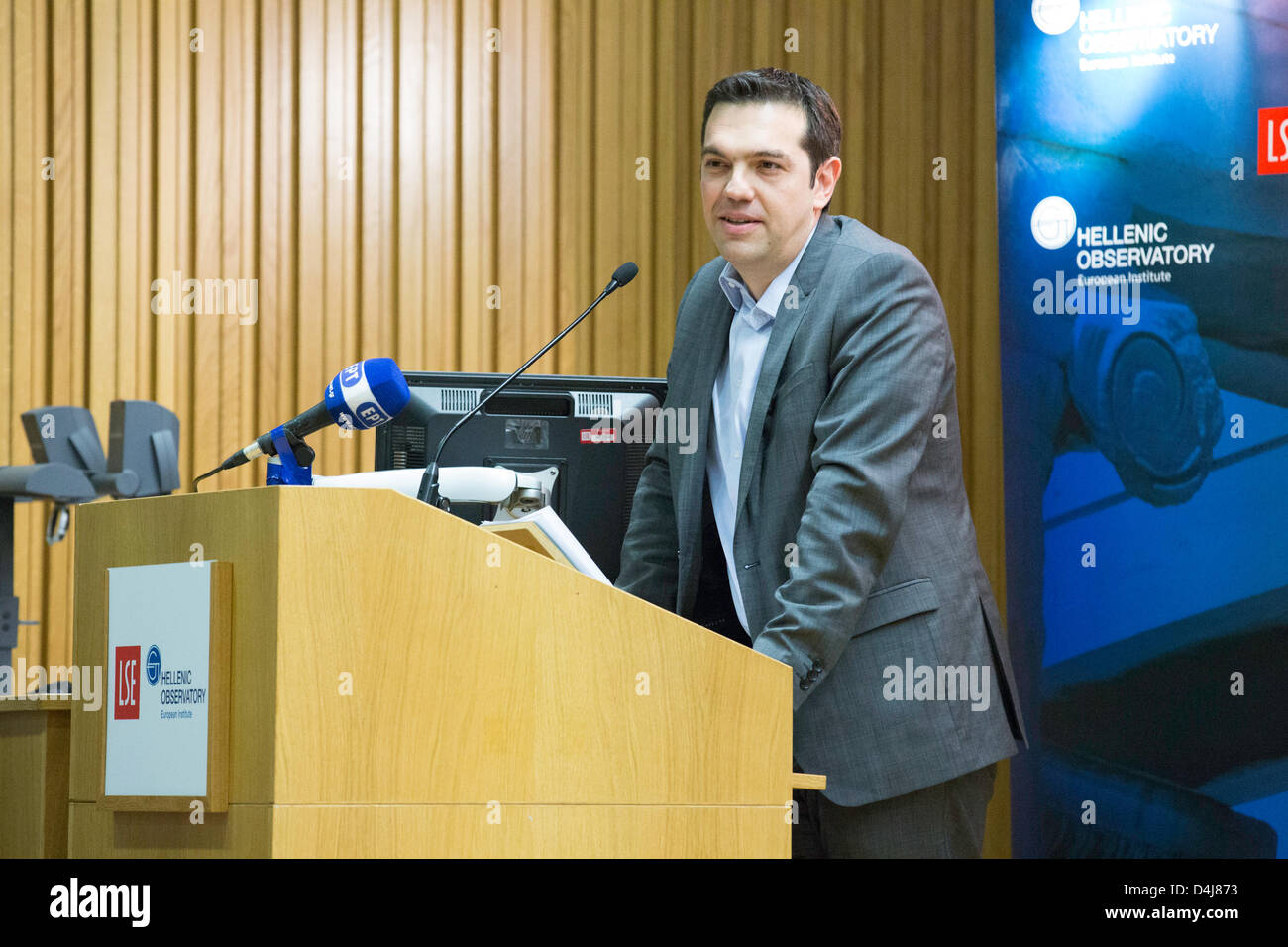 London, UK. 14 March 2013.  Mr Aleksis Tsipras leader of the official greek opposition party  gave a speech at the LSE campus in Holborn with title 'Greece's way out of crisis' Mr Tsipras spoke about the ways in which Greece can overcome the financial crisis as well as the role and political goals of the contemporary left. Credit: Lydia Pagoni / Alamy Live News Stock Photo