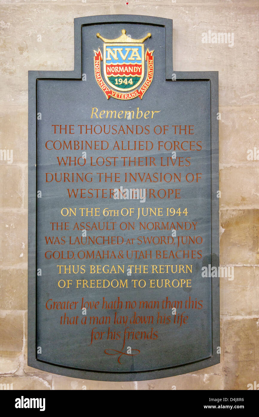 Canterbury Cathedral. Normandy Veterans Association War Memorial Plaque.  Canterbury Kent England. Stock Photo