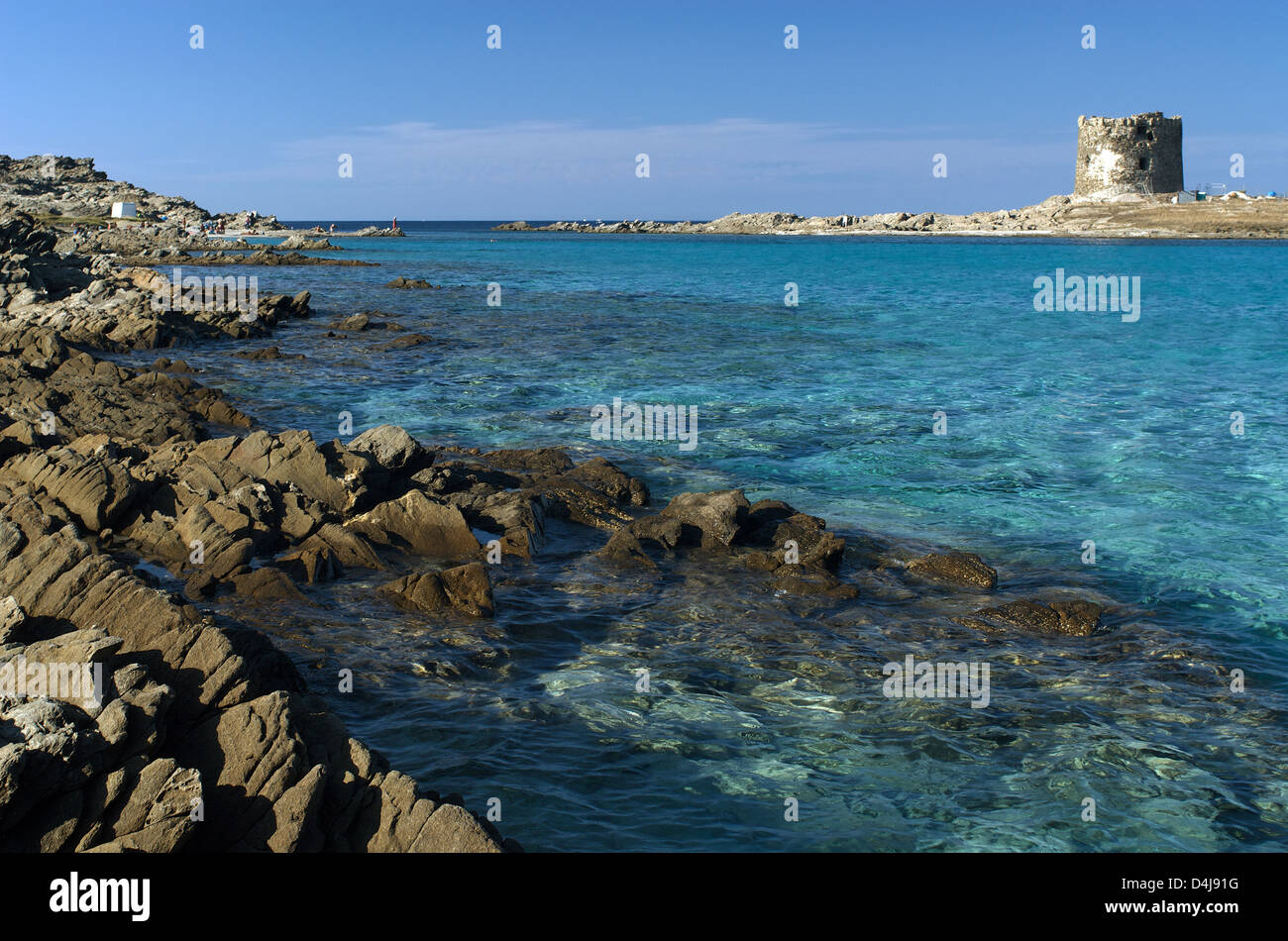 Stintino, Italy, overlooking the Pelosa Tower and the Asinara Stock Photo